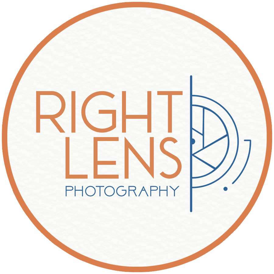 Right Lens Photography Logo has text on left and 1/2 of a camera aperture on the right