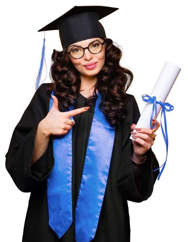Young lady wearing a cap and gown holding a diploma