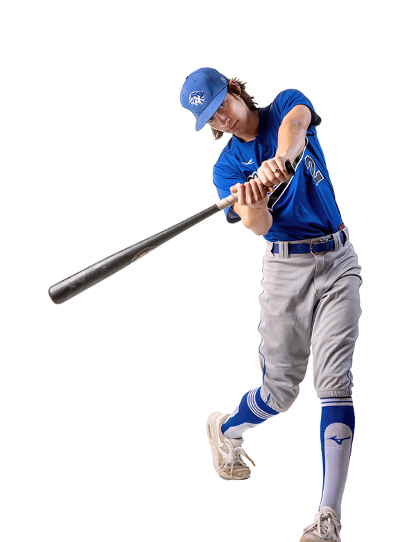 Young man in a baseball jersey holding a bat.